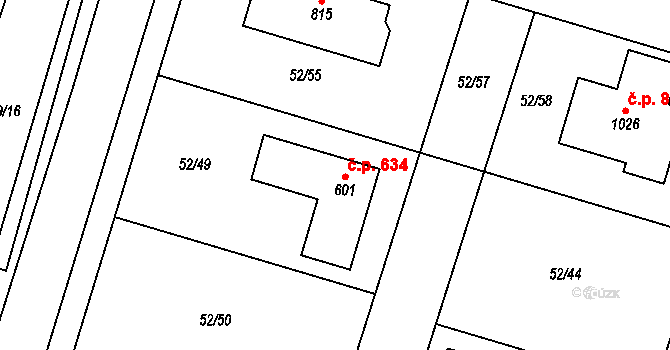 Hovorčovice 634 na parcele st. 601 v KÚ Hovorčovice, Katastrální mapa