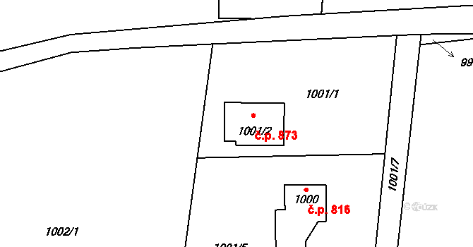 Čimice 873, Praha na parcele st. 1001/2 v KÚ Čimice, Katastrální mapa