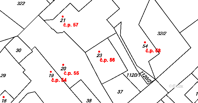 Šašovice 56, Želetava na parcele st. 23 v KÚ Šašovice, Katastrální mapa