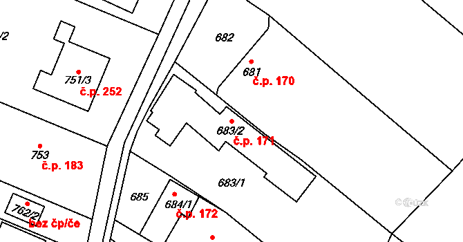 Dolní Ves 171, Fryšták na parcele st. 683/2 v KÚ Dolní Ves, Katastrální mapa