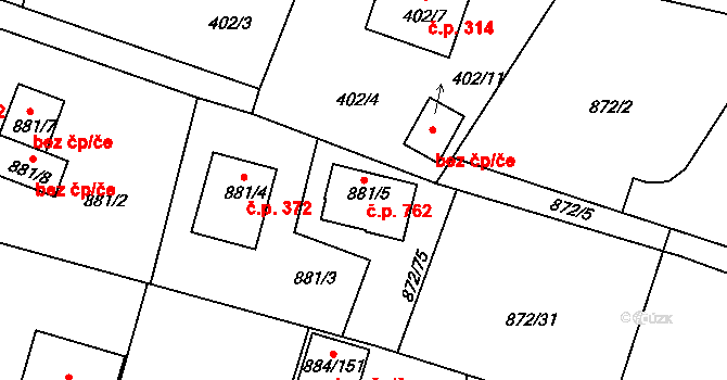Štěnovice 762 na parcele st. 881/5 v KÚ Štěnovice, Katastrální mapa