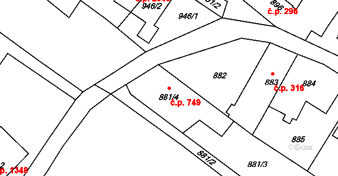 Hlučín 749 na parcele st. 881/4 v KÚ Hlučín, Katastrální mapa