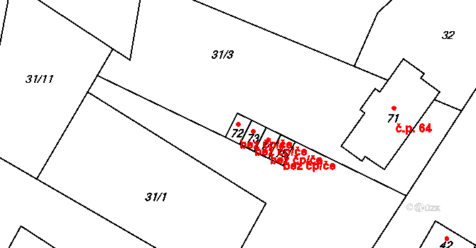 Budiměřice 50002244 na parcele st. 72 v KÚ Rašovice u Nymburka, Katastrální mapa