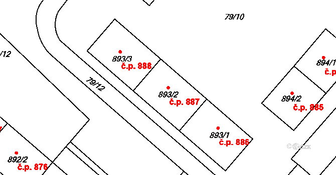 Neratovice 887 na parcele st. 893/2 v KÚ Neratovice, Katastrální mapa