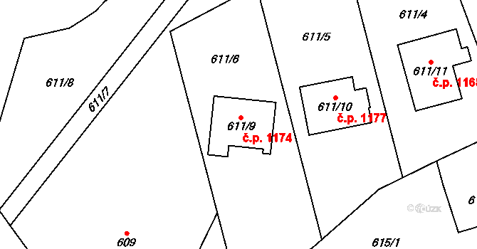 Černošice 1174 na parcele st. 611/9 v KÚ Černošice, Katastrální mapa