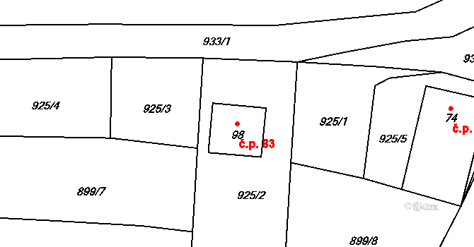 Mažice 83 na parcele st. 98 v KÚ Mažice, Katastrální mapa