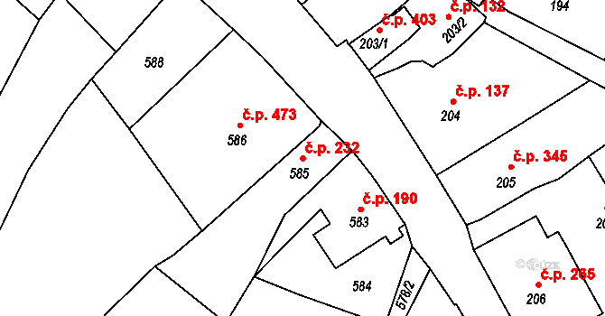 Štramberk 232 na parcele st. 585 v KÚ Štramberk, Katastrální mapa