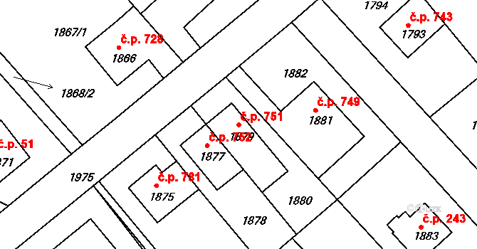 Bílovec 751 na parcele st. 1879 v KÚ Bílovec-město, Katastrální mapa