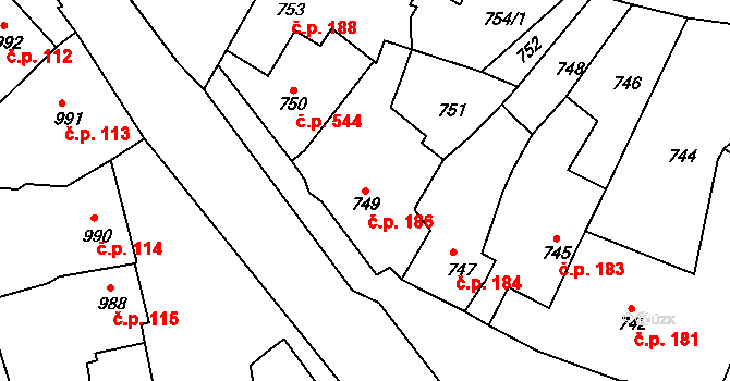 Plumlov 186 na parcele st. 749 v KÚ Plumlov, Katastrální mapa