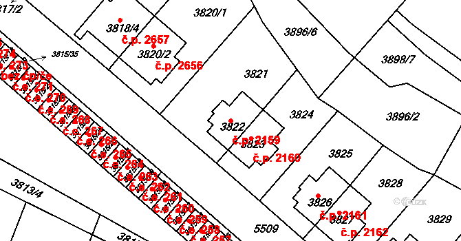 Znojmo 2159 na parcele st. 3822 v KÚ Znojmo-město, Katastrální mapa