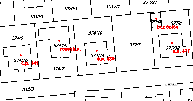 Hrdějovice 439 na parcele st. 374/14 v KÚ Hrdějovice, Katastrální mapa