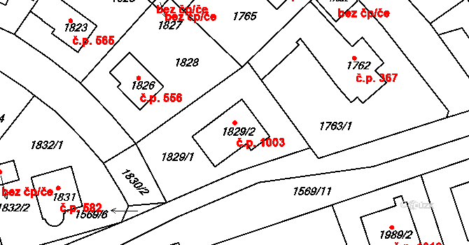 Roztoky 1003 na parcele st. 1829/2 v KÚ Roztoky u Prahy, Katastrální mapa