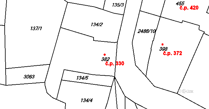 Luby 330 na parcele st. 382 v KÚ Luby I, Katastrální mapa