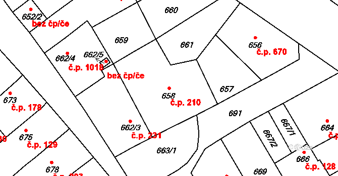 Lužice 210 na parcele st. 658 v KÚ Lužice u Hodonína, Katastrální mapa