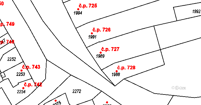 Slavíkovice 727, Rousínov na parcele st. 1989 v KÚ Rousínov u Vyškova, Katastrální mapa