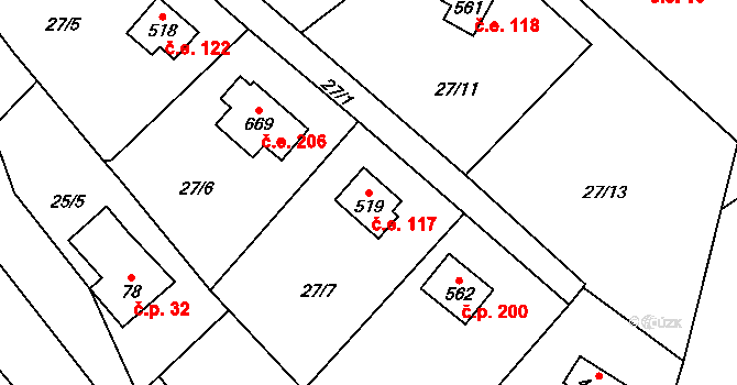 Čtyřkoly 117 na parcele st. 519 v KÚ Čtyřkoly, Katastrální mapa