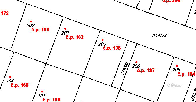 Lovčice 186 na parcele st. 205 v KÚ Lovčice u Nového Bydžova, Katastrální mapa