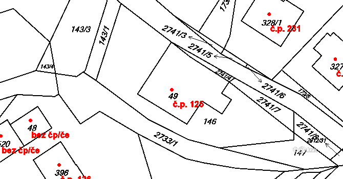 Korouhev 125 na parcele st. 49 v KÚ Korouhev, Katastrální mapa