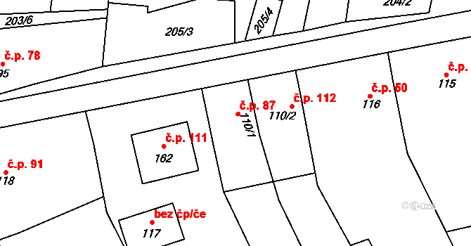 Radkovice u Hrotovic 87 na parcele st. 110/1 v KÚ Radkovice u Hrotovic, Katastrální mapa