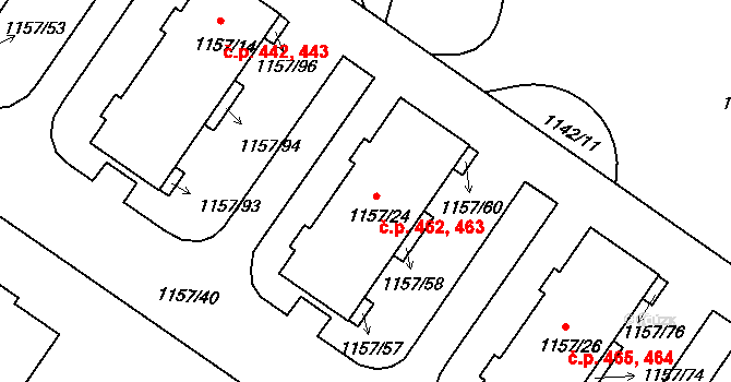 Jarošov 462,463, Uherské Hradiště na parcele st. 1157/24 v KÚ Jarošov u Uherského Hradiště, Katastrální mapa