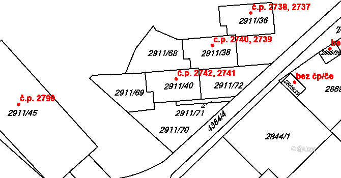 Teplice 2741,2742 na parcele st. 2911/40 v KÚ Teplice, Katastrální mapa