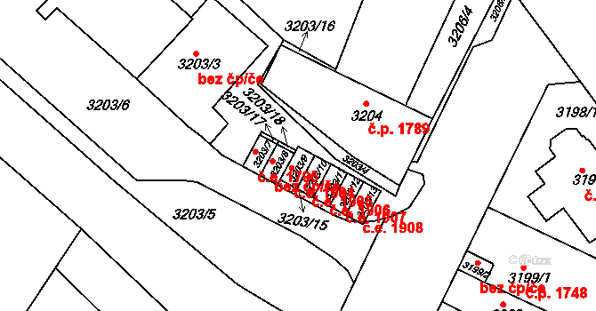 Teplice 1904 na parcele st. 3203/9 v KÚ Teplice, Katastrální mapa