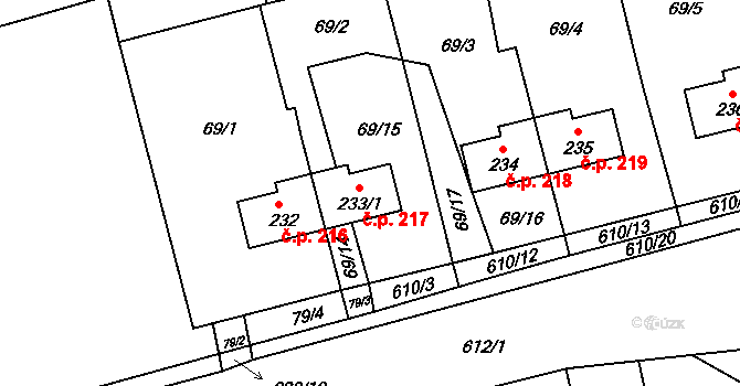 Měděnec 217 na parcele st. 233/1 v KÚ Měděnec, Katastrální mapa