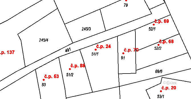 Vlkava 24 na parcele st. 51/1 v KÚ Vlkava, Katastrální mapa
