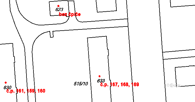 Příbram VII 167,168,169, Příbram na parcele st. 633 v KÚ Březové Hory, Katastrální mapa