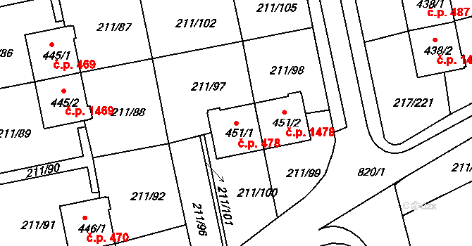 Sezimovo Ústí 478 na parcele st. 451/1 v KÚ Sezimovo Ústí, Katastrální mapa