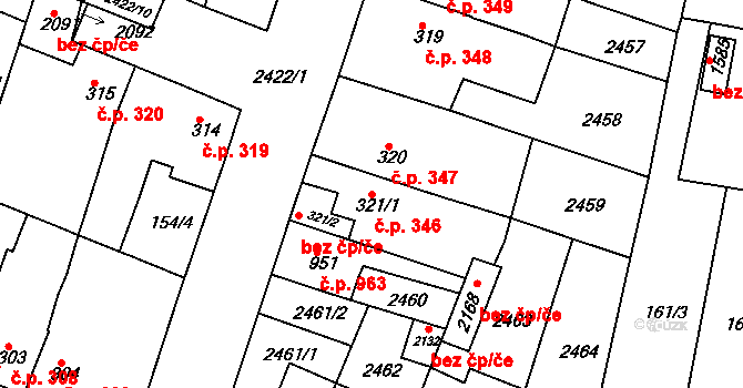 Rosice 346 na parcele st. 321/1 v KÚ Rosice u Brna, Katastrální mapa