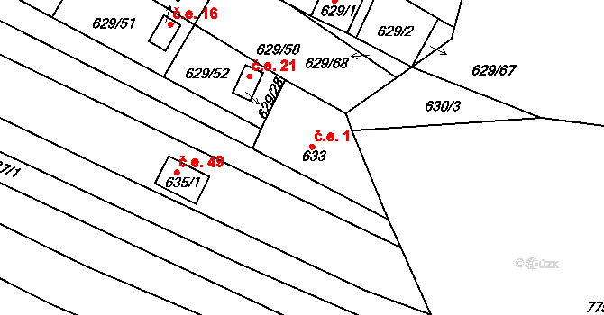 Ostrovačice 1 na parcele st. 633 v KÚ Ostrovačice, Katastrální mapa