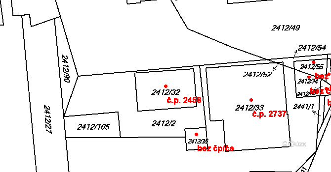 Východní Předměstí 2458, Plzeň na parcele st. 2412/32 v KÚ Plzeň 4, Katastrální mapa