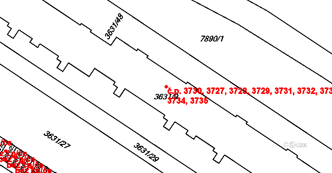 Prostějov 3727,3728,3729,3730, na parcele st. 3631/9 v KÚ Prostějov, Katastrální mapa