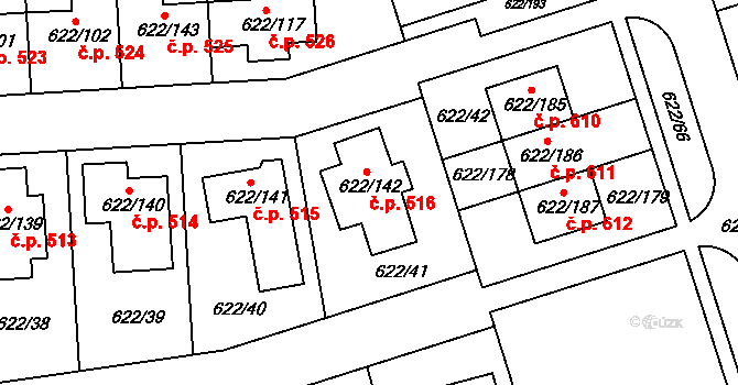 Horní Měcholupy 516, Praha na parcele st. 622/142 v KÚ Horní Měcholupy, Katastrální mapa