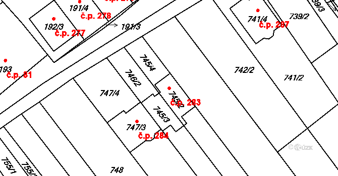 Lidéřovice 283, Vnorovy na parcele st. 745/2 v KÚ Lidéřovice na Moravě, Katastrální mapa