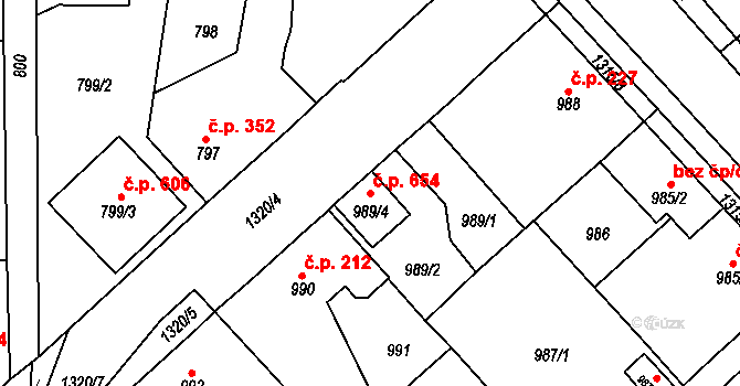 Tuchlovice 654 na parcele st. 989/4 v KÚ Tuchlovice, Katastrální mapa