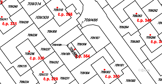 Popůvky 354 na parcele st. 709/306 v KÚ Popůvky u Brna, Katastrální mapa