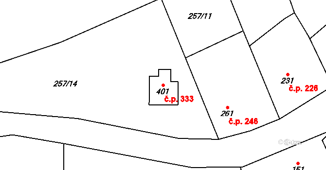 Zaječice 333 na parcele st. 401 v KÚ Zaječice u Chrudimi, Katastrální mapa
