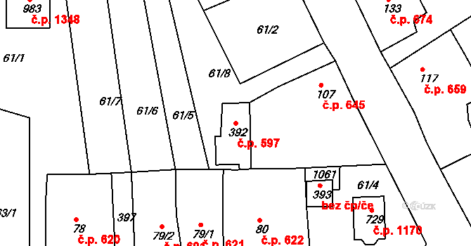 Rudná 597 na parcele st. 392 v KÚ Hořelice, Katastrální mapa