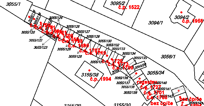Děčín VI-Letná 1728, Děčín na parcele st. 3055/131 v KÚ Podmokly, Katastrální mapa