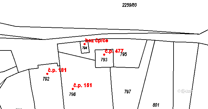 Loštice 477 na parcele st. 793 v KÚ Loštice, Katastrální mapa
