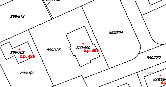 Skorotice 405, Ústí nad Labem na parcele st. 899/690 v KÚ Skorotice u Ústí nad Labem, Katastrální mapa