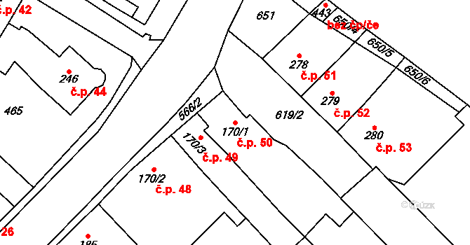 Otonovice 50, Hrubčice na parcele st. 170/1 v KÚ Hrubčice, Katastrální mapa