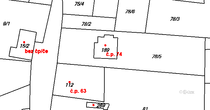 Jizbice 74 na parcele st. 189 v KÚ Jizbice u Nymburka, Katastrální mapa