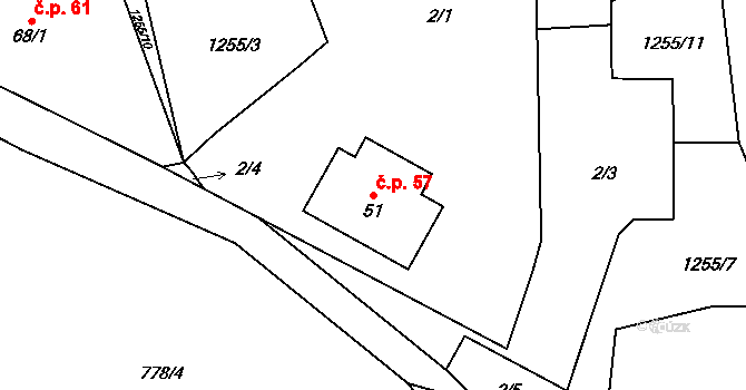 Kojšovice 57, Toužim na parcele st. 51 v KÚ Kojšovice, Katastrální mapa