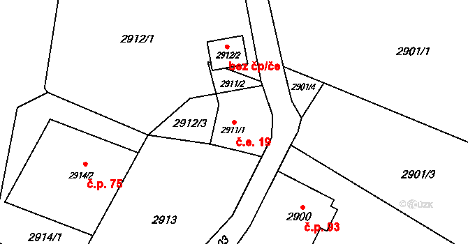 Vratimov 19 na parcele st. 2911/1 v KÚ Vratimov, Katastrální mapa