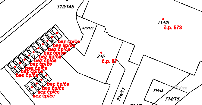 Vyškov-Předměstí 57, Vyškov na parcele st. 345 v KÚ Vyškov, Katastrální mapa