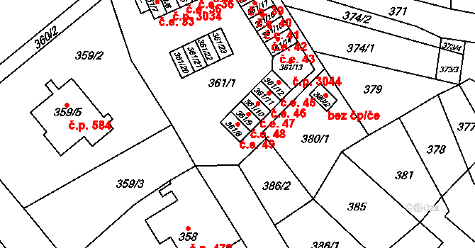 Vyškov-Předměstí 49, Vyškov na parcele st. 361/8 v KÚ Vyškov, Katastrální mapa