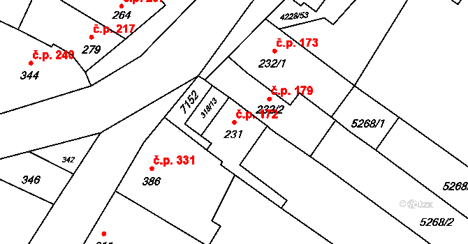 Mohelno 172 na parcele st. 231 v KÚ Mohelno, Katastrální mapa